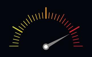 Manometer or measuring indicator. Speedometer icon with red, yellow, green scale and arrow. Performance progress chart. Risk indicator. Vector illustration