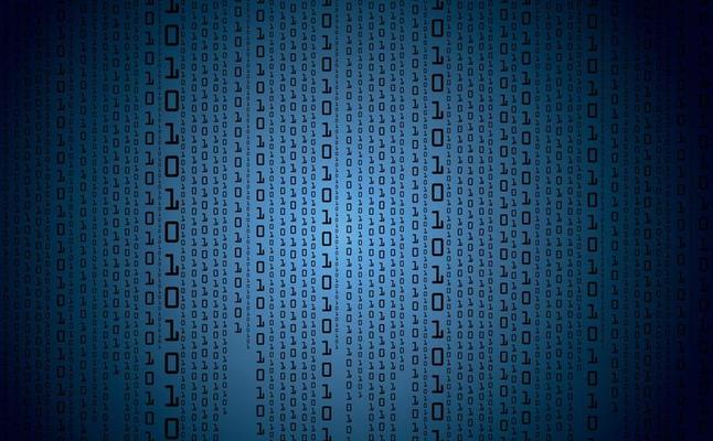 Binary code background. Digital binary data with streaming digital code. Futuristic cyberspace. Concept of coding or hacker. Crypto data, Dark blue gradient background.