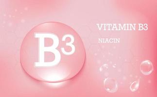 Vitamin B3, niacin for health. Water drops with Vitamin text on a pink gradient background. Poster. Vector illustration