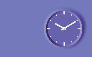 Stylish round clock with white hands and purple dial on the wall. In trendy purple, the background is very peri. copy space. Vector illustration