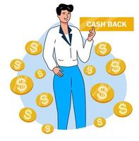 A man in a flat style holds a sign with the inscription cashback. around the coin. Vector stock illustration. White background. blue spot