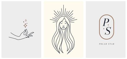 plantilla de conjunto de logotipo de estilo minimalista lineal con hermoso siuet femenino esotérico, mano y letras p y s. cuidado de la piel, salón de belleza, cosméticos orgánicos, estampados y tarjetas. vector