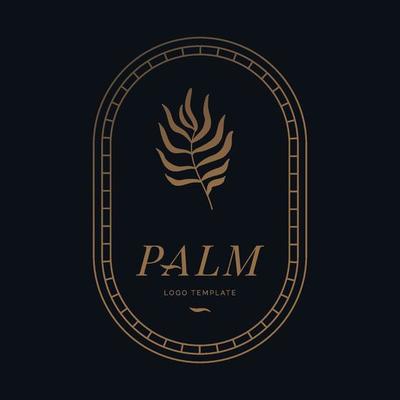 Vector logo and emblem template with golden palm leaf in frame on black background. For spa salons and cosmetics