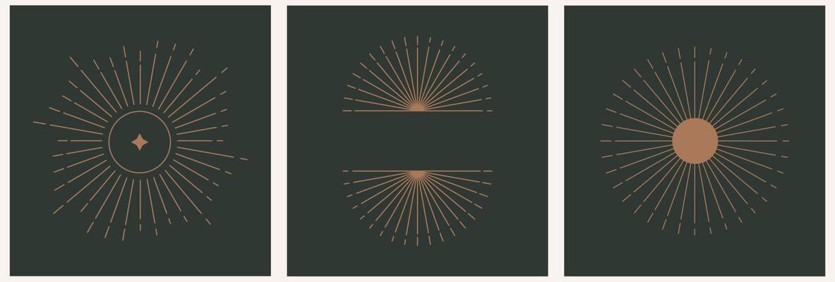 Mystic linear set template logo wich geometric sunset, arches abstract in trendy linear style on a dark background. Celestial and magical abstract print.