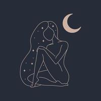 Female concept moon girl illustration, beautiful esoteric female silhouette and logo template vector