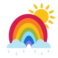 arco iris brillante con sol y nubes con lluvia vector