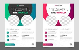 Folleto de gira y viaje. plantilla de diseño de volante de gira y viaje con color verde y rojo. diseño de volante para el concepto de negocio de viajes y viajes. viaja por el volante mundial con una forma única. vector