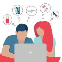 hombre y mujer cerca de una laptop planeando vacaciones vector