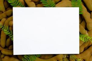 Blank white paper background with fresh organic raw tammarind fruits and its leaves. photo