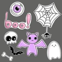 conjunto vectorial de pegatinas espeluznantes para halloween. linda araña, telaraña, fantasma, cráneo, hueso. ilustraciones dibujadas en estilo infantil aisladas en un fondo gris.