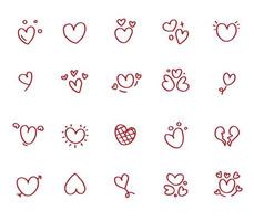 Set of red hand drawn heart shaped icons. Collection of vector valentines, love.