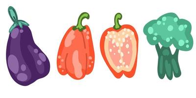 Vector set vegetables in flat style. Eggplant, broccoli, bell pepper.