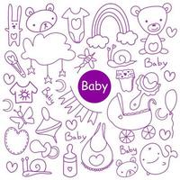 boceto dibujado a mano doodle conjunto de dibujos animados de objetos y símbolos sobre el tema del bebé.