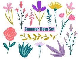 conjunto de flores silvestres de verano pintadas a mano. esbozar elementos botánicos de la naturaleza de la flora y las hierbas. vector