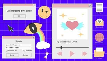 ventana de pc antigua con reproductor multimedia. fondo de onda de vapor con elementos vectoriales. formulario de inicio de sesión retro con interfaz retro os vector