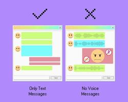 Please, no voice messaging - it makes me angry. Voice chat phobia. Social anxiety disorder illustration with retro app interface. Silent mode in mobile conversation vector