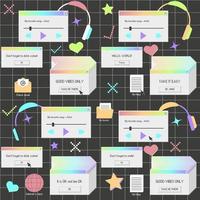 Old PC seamless pattern. Good vibes window notification, hello world alert and other software game elements. Technology background. Repeat tile for geek projects. Vaporwave wallpaper from 90s vector