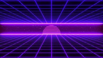 Retro Sci-Fi Background Futuristic Grid landscape of the 80s. Digital Cyber Surface. Suitable for design in the style of the 1980s. 3D illustration video