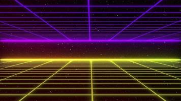 Retro Sci-Fi Background Futuristic Grid landscape of the 80s. Digital Cyber Surface. Suitable for design in the style of the 1980s. 3D illustration video