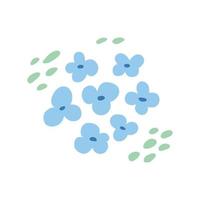 lindas flores azules dibujadas a mano con estilo plano de manchas verdes, ilustración vectorial aislada en fondo blanco. elemento de diseño decorativo, adorno natural vector