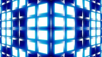 motif de grille symétrique clignotant lumières bleues et violettes à l'extérieur du cube video