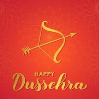 Happy Dussehra hand lettering with bow and arrow on red background. Traditional Hindu festival vector illustration. Easy to edit template for typography poster, banner, flyer, invitation, etc.