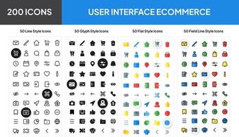 set of icons user interface ecommerce line style, glyph, flat and field line for presentation, UI UX vector icons