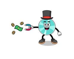 Character Illustration of optical disc catching money with a magnet vector