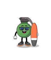 Mascot cartoon of grenade as a surfer vector