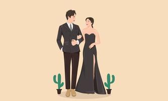 el novio y la novia se miran con traje y vestido de novia negro vector