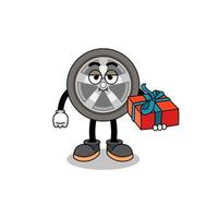 ilustración de mascota de rueda de coche dando un regalo vector