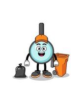 Illustration of magnifying glass cartoon as a garbage collector vector