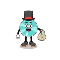 ilustración de mascota de disco óptico hombre rico sosteniendo un saco de dinero vector