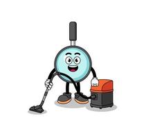 Character mascot of magnifying glass holding vacuum cleaner vector