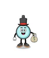 ilustración de mascota de lupa hombre rico sosteniendo un saco de dinero vector