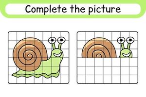 Complete the picture snail. Copy the picture and color. Finish the image. Coloring book. Educational drawing exercise game for children vector