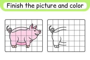 Complete the picture pig. Copy the picture and color. Finish the image. Coloring book. Educational drawing exercise game for children vector