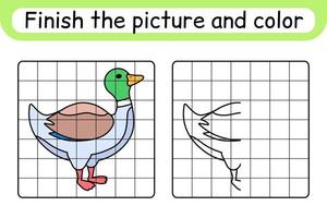 Complete the picture duck. Copy the picture and color. Finish the image. Coloring book. Educational drawing exercise game for children vector