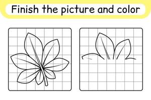 Complete the picture leaf chestnut. Copy the picture and color. Finish the image. Coloring book. Educational drawing exercise game for children vector