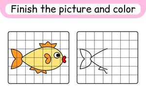 Complete the picture fish. Copy the picture and color. Finish the image. Coloring book. Educational drawing exercise game for children vector