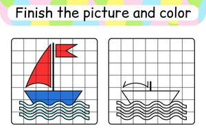 Complete the picture ship. Copy the picture and color. Finish the image. Coloring book. Educational drawing exercise game for children vector