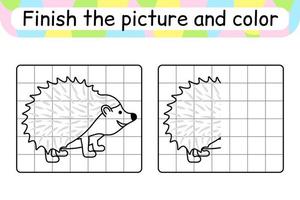 Complete the picture hedgehog. Copy the picture and color. Finish the image. Coloring book. Educational drawing exercise game for children vector