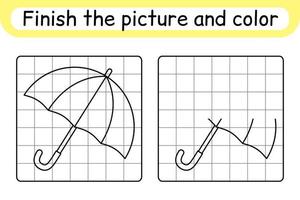 completa el paraguas de la imagen. copiar la imagen y el color. terminar la imagen. libro de colorear. juego educativo de ejercicios de dibujo para niños vector