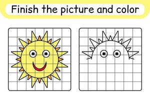 Complete the picture sun. Copy the picture and color. Finish the image. Coloring book. Educational drawing exercise game for children vector