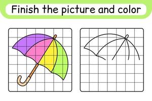 completa el paraguas de la imagen. copiar la imagen y el color. terminar la imagen. libro de colorear. juego educativo de ejercicios de dibujo para niños vector