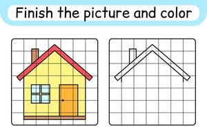 completa la imagen de casa. copiar la imagen y el color. terminar la imagen. libro de colorear. juego educativo de ejercicios de dibujo para niños vector