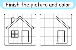 completa la imagen de casa. copiar la imagen y el color. terminar la imagen. libro de colorear. juego educativo de ejercicios de dibujo para niños vector