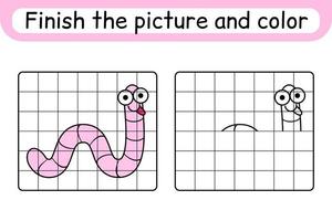 Complete the picture worm. Copy the picture and color. Finish the image. Coloring book. Educational drawing exercise game for children vector