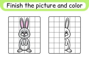 Complete the picture rabbit. Copy the picture and color. Finish the image. Coloring book. Educational drawing exercise game for children vector