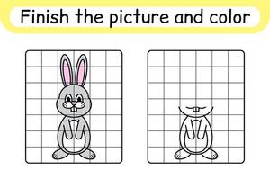 Complete the picture rabbit. Copy the picture and color. Finish the image. Coloring book. Educational drawing exercise game for children vector